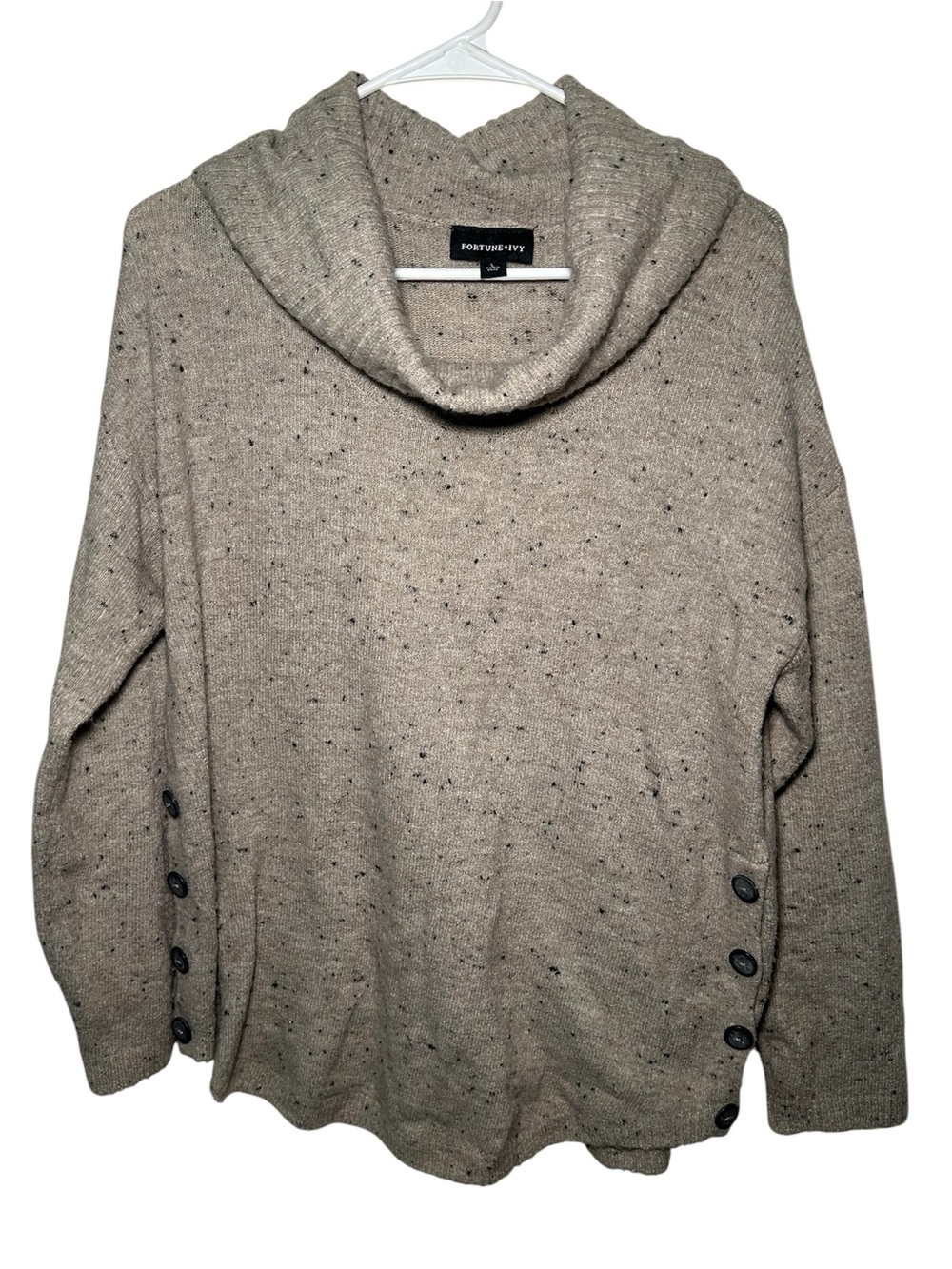 Fortune Ivy Taupe Cowl Neck Button-Side Sweater Long Sleeve Warm Comfortable